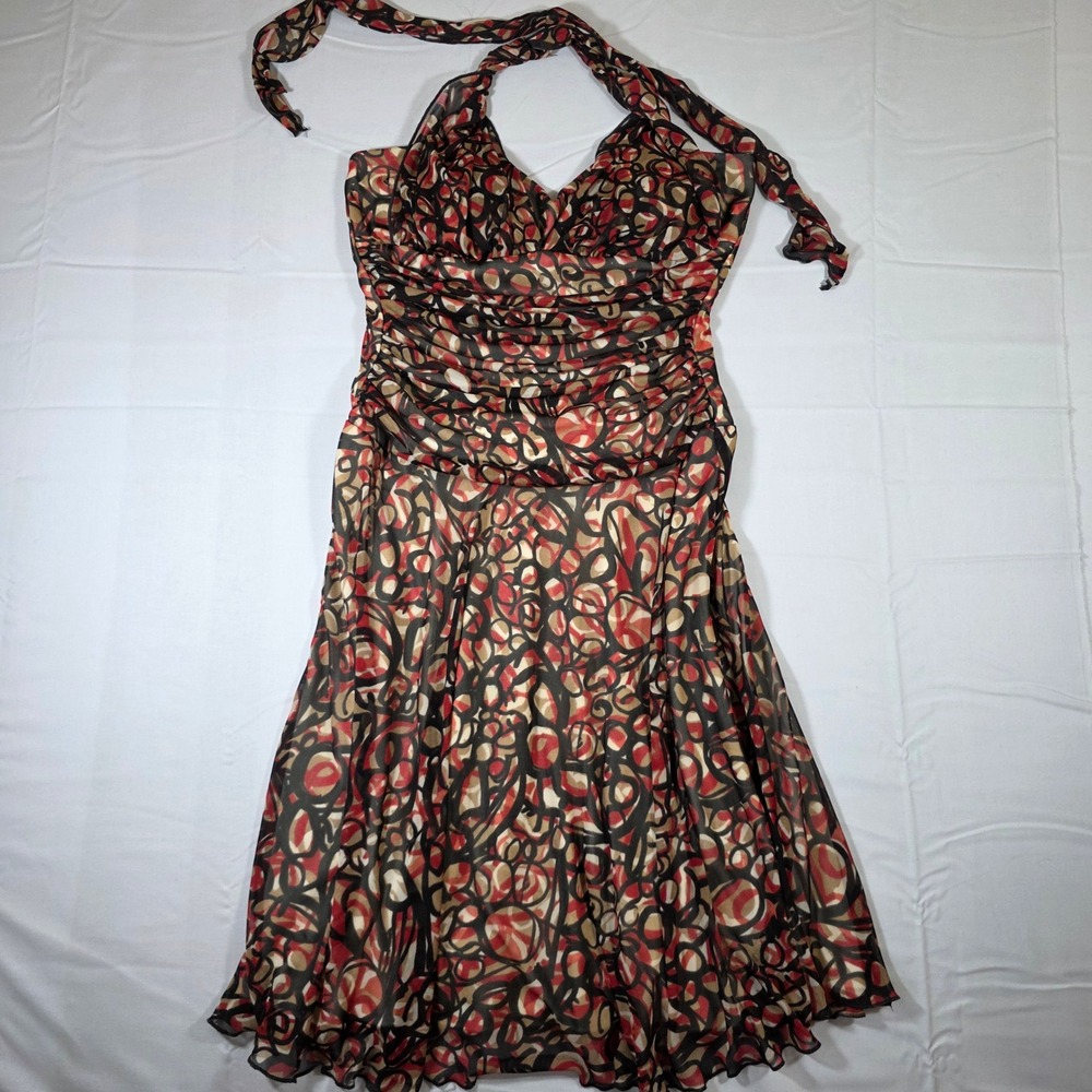 Studio Y Vintage Halter Dress Abstract Swirl Print Ruched Mesh Red Black Tan M